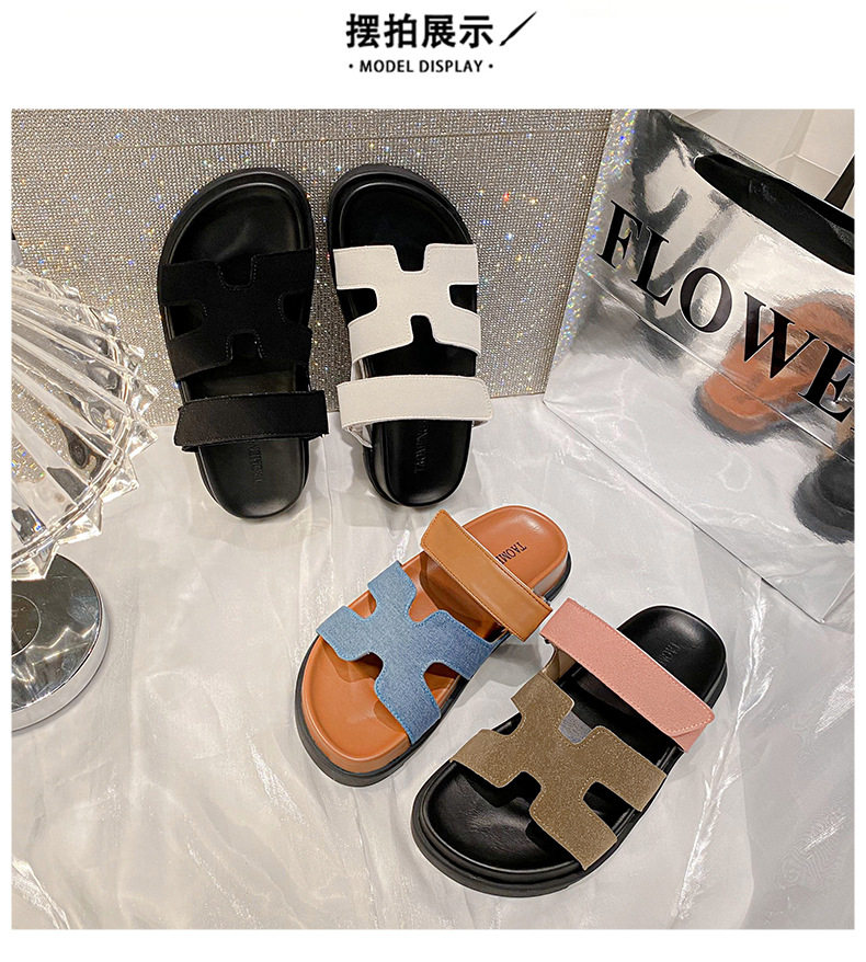 Dép sandal nữ quai ngang xỏ ngón đế dày, khóa dán tiện lợi, đi ngoài mùa hè — Màu trắng, Màu đen, Xanh denim phối nâu, Xanh mực ghép Hồng chi tiết 34