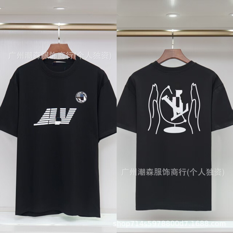现货跨境奢潮驴家高品质L满印字母短袖外贸经典款圆领男女宽松T恤|undefined