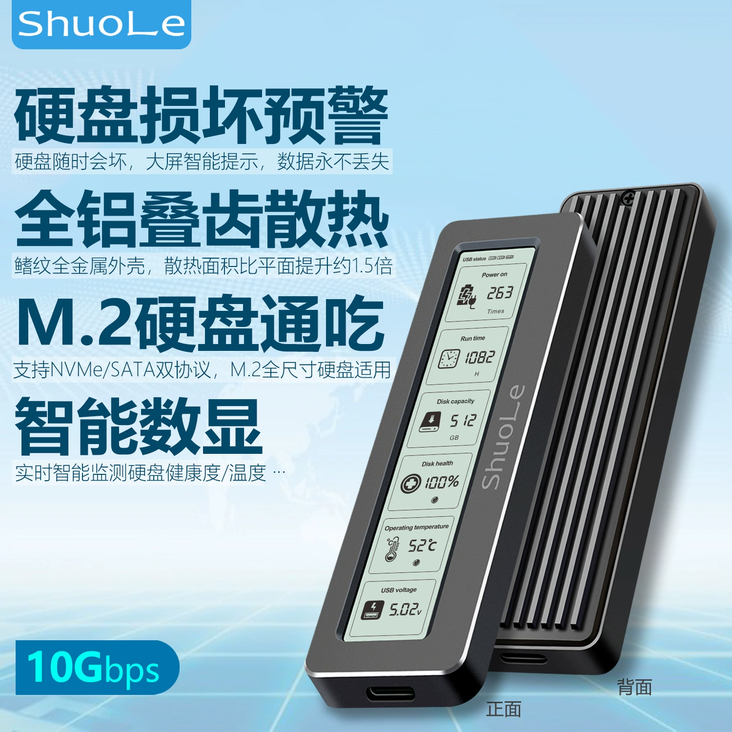 M.2 кастомный корпус для SSD NVMe/NGFF с двойным протоколом, мобильный диск с интеллектуальным экраном, цифровой дисплей для контроля состояния здоровья