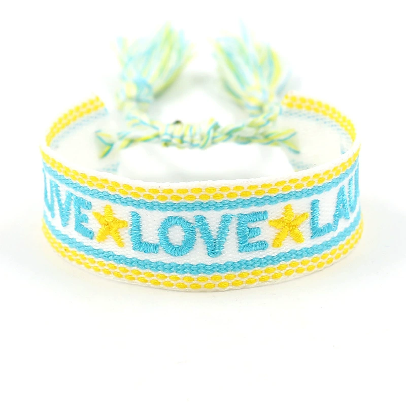 handmade woven bracelet, polyester, embroidered letters with tassels, adjustable (love)