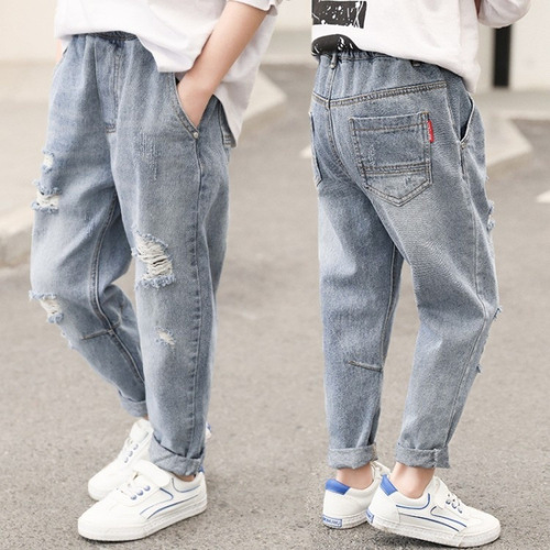 Boys' Thin Denim Pants, Single-layer Trousers, Boy's Long Pants, Stretchy Slim-fit Children's Clothing for Spring, Summer, and Autumn—Fashionable Single-layer Trousers