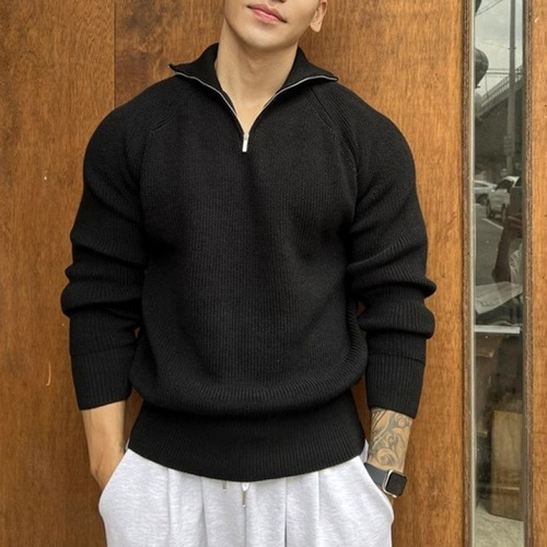 Men's High-Neck Zipper Knit Shirt, American Retro Loose Drop Shoulder Long Sleeve Top, Leisure Style Hooded Sweater Coat
