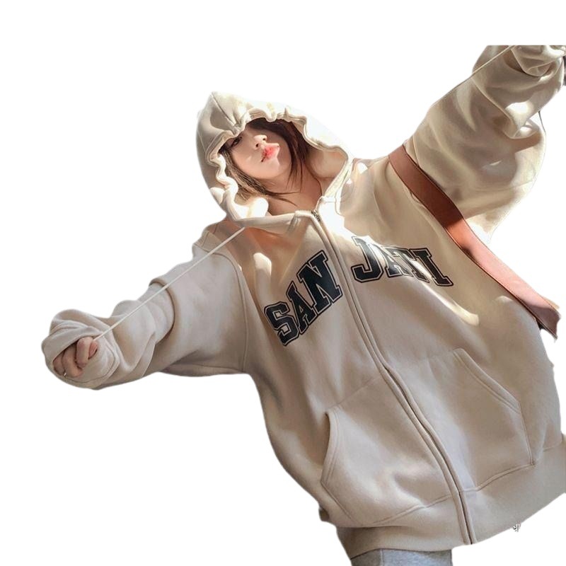 レトロな中国風フリース裏地付きカーディガンパーカー レディース 秋冬新作 ジップアップ ゆったり ラフスタイル カップル向けパーカージャケット