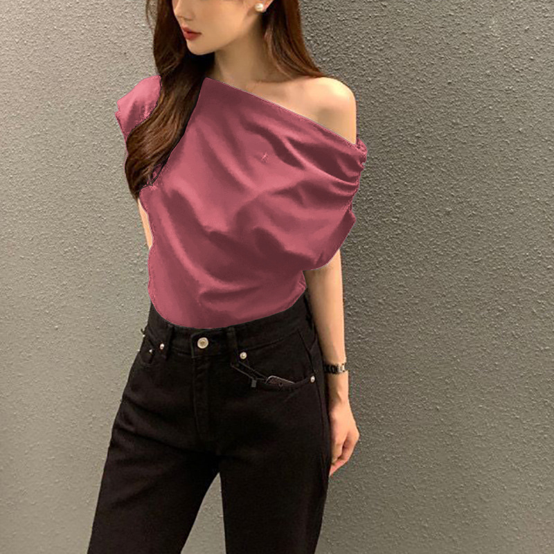 Summer New Niche Irregular Slanted Shoulder Design Loose Solid Color Pullover Short-sleeved T-shirt_ecoleips.com