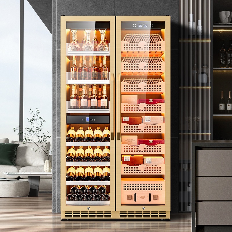 Cigar cabinet with precise temperature and humidity control, cedar wood interior, humidification, water ion purification, ammonia removal, and dual-door compressor system