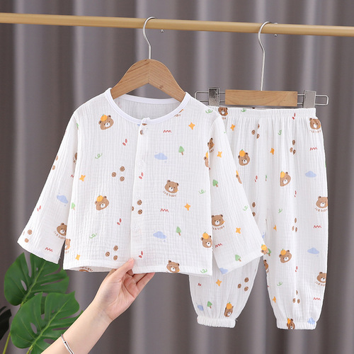 Summer Wear Double-layer Cotton Gauze Pajama Set for Infants and Toddlers, Boys and Girls, Long-sleeved Air Conditioning Suit, Summer Home Clothes