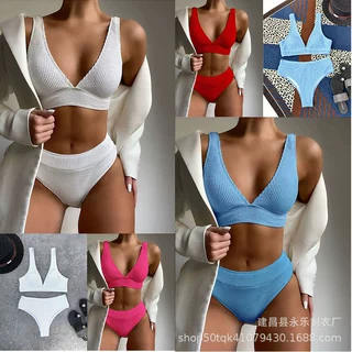 2025新款速卖通亚马逊外贸跨境蛇仔纹高腰双肩性感分体比基尼泳衣