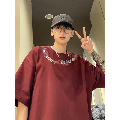 Letter Print Necklace Short Sleeve Men's Summer Streetwear Cool Bad Boy Style Street Ruling White T-Shirt Heavyweight Stiff American Half Sleeve