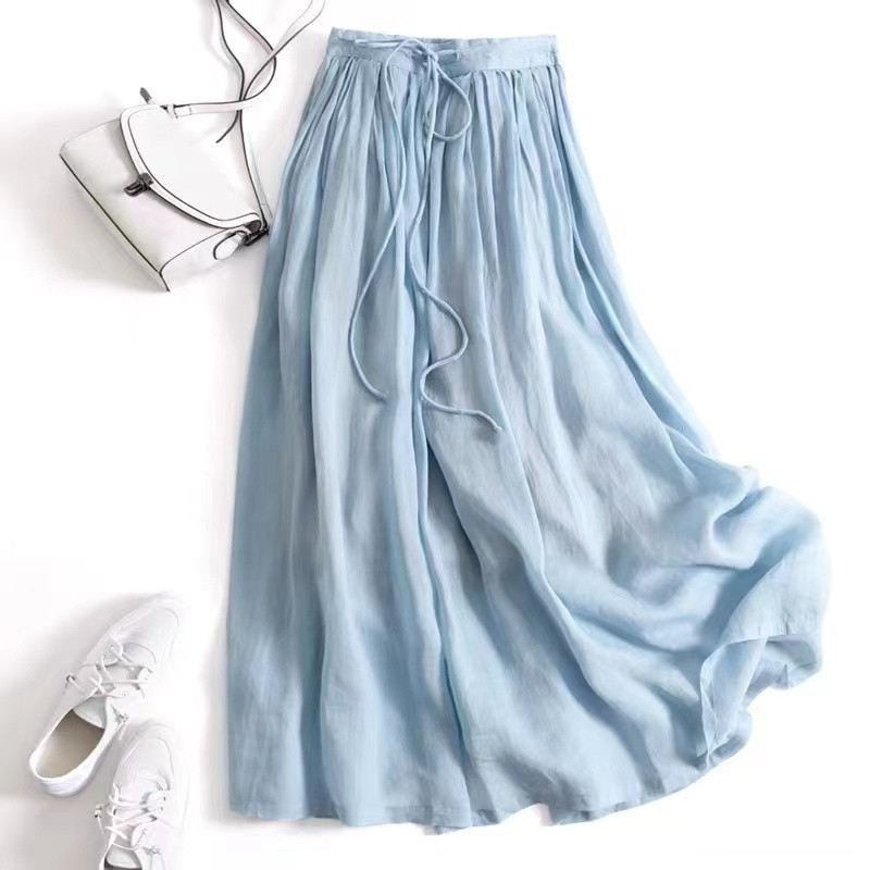 2024 Summer New Style Elegant Linen Skirt Long Skirt Cotton Linen Loose Waist Loose Slimming Artistic Large Skirt for Women
