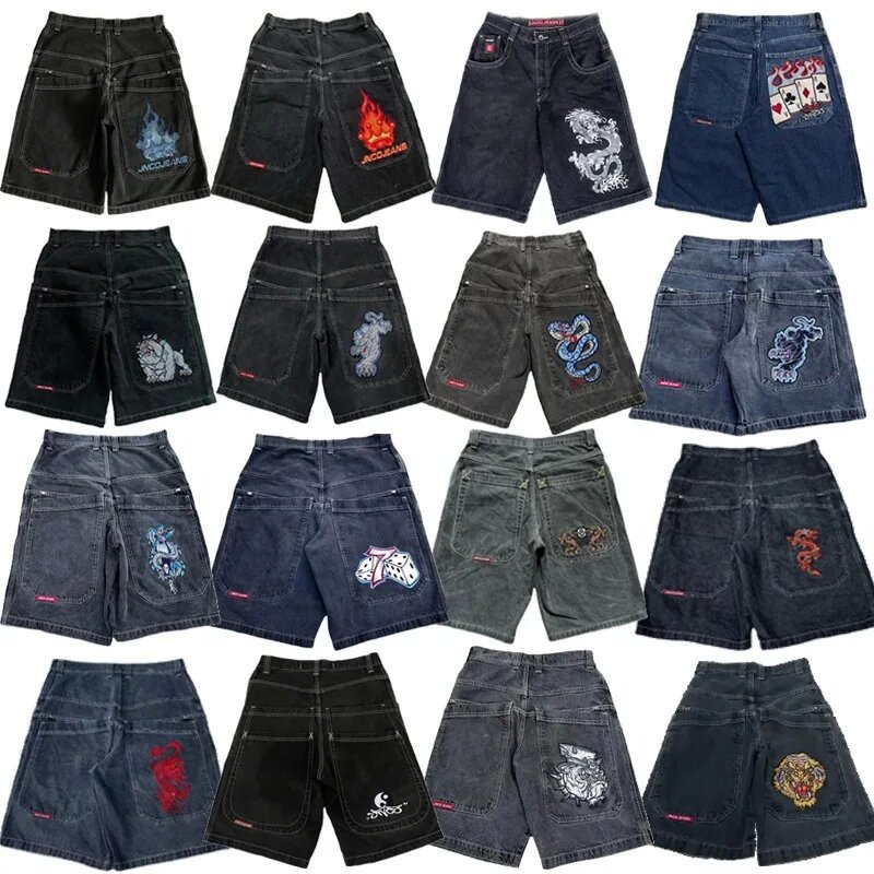 JNCO baggy denim shorts, Harajuku Y2K jeans, hip-hop retro summer gothic men's shorts