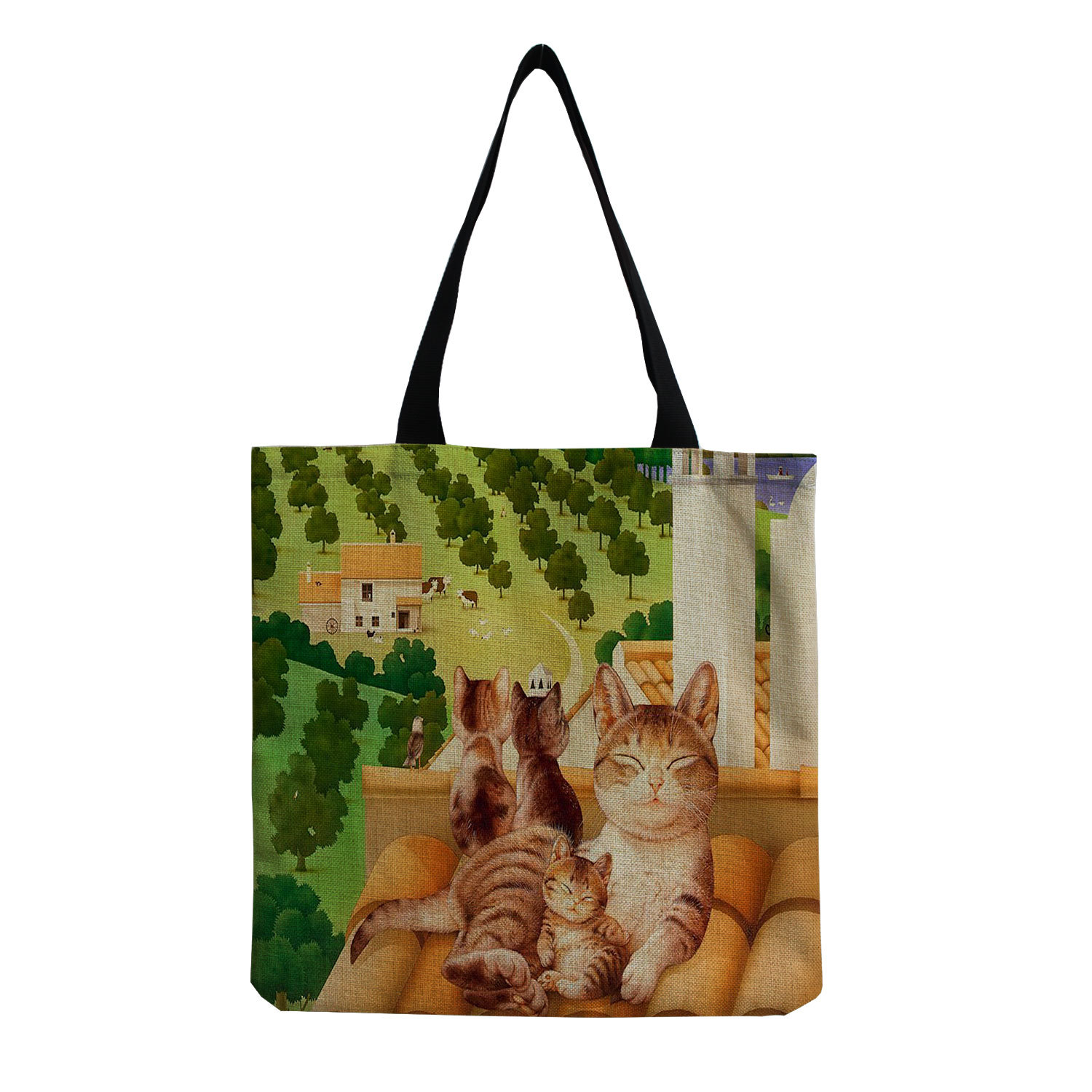61g Weight Open Closure Type Double Handle Strap Type Tote Bag Bags Type Casual, Daily, Shopping Occasion cotton and linen Material Cat Pattern All Seasons Season Women's Gender Cute Style Square Shape Women's Cotton And Linen Cat Cute Square Open Tote Bag 10
