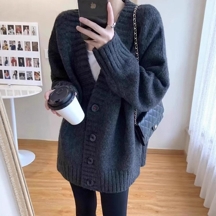 韩版大毛衣外套女秋冬加厚慵懒风中长款纯色针织开衫宽松大码外搭|undefined
