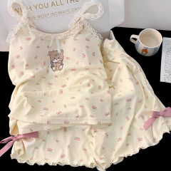 かわいいベアーの胸パッド付きパジャマ女性の夏のレースのベストパンツの家庭服セットのクロスボーダー卸売り