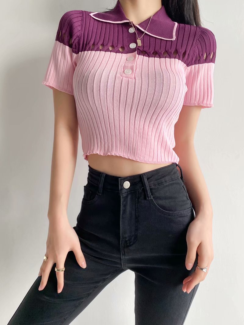 wholesale summer contrast color small waistless knitted pullover T-shirt NSAM54111