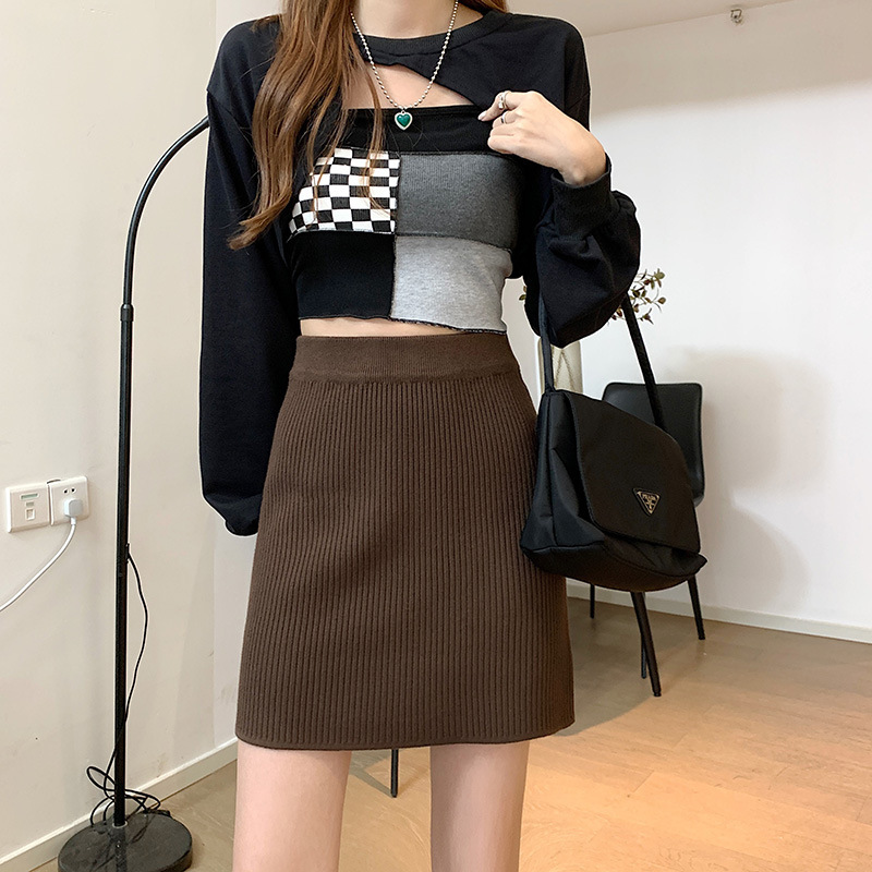 松紧腰弹力针织半身裙女2025秋冬新款高腰纯色坑条A字包臀短裙子|undefined