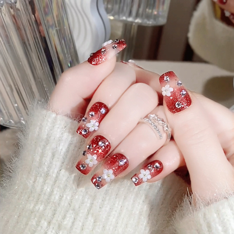 Autumn and Winter New Year Red Wear Armor Finished Products Shake Tone Popular Flowers Fake Nail Patch Nail Pieces Nail Art A98