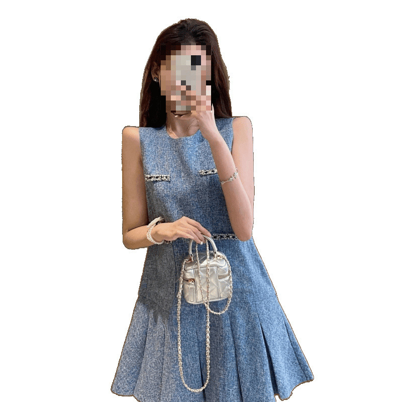 Xiaoxiangfeng ストレートスタイルドレスブルー高級プチプリーツベストドレス 2025 新しい女性の夏|undefined