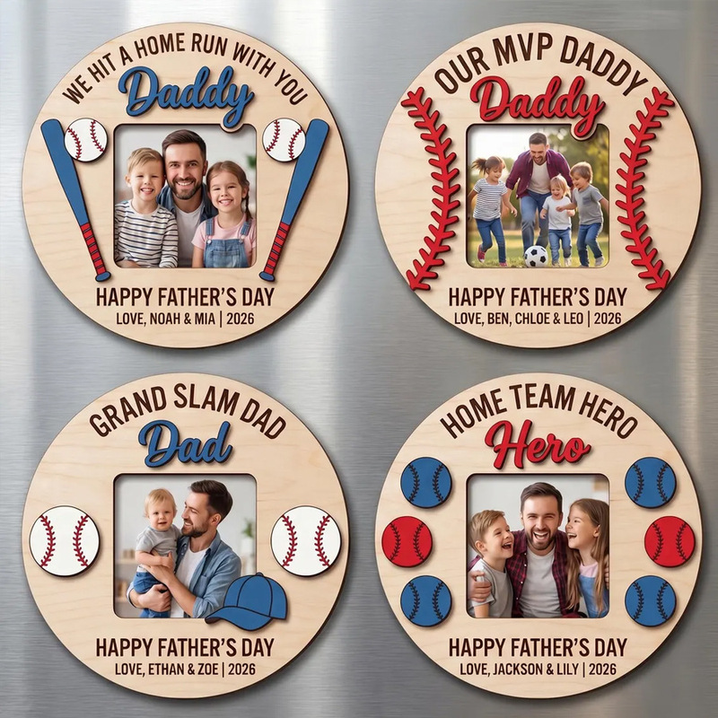 Cross-Border Popular Father's Day Wooden Baseball Fridge Magnet Photo Frame Ornament Vintage Baseball-Shaped Desktop Decoration Souvenir