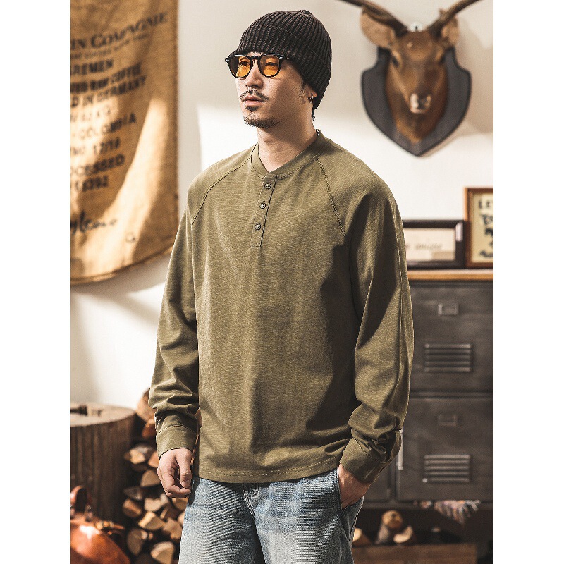 280G high-density bamboo cotton Henley collar long-sleeve T-shirt, men's autumn trendy American-style loose casual base layer 280G high-density bamboo cotton Henley collar long-sleeve T-shirt, men's autumn trendy American-style loose casual base layer