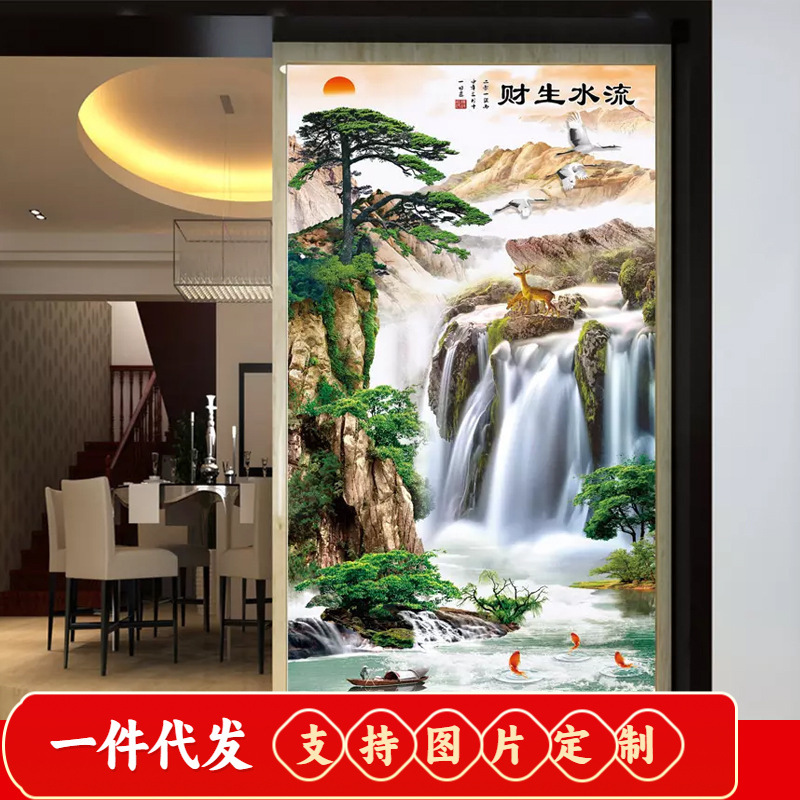 2019新款5d钻石画满钻石绣流水生财十字绣玄关山水风景画客厅竖版