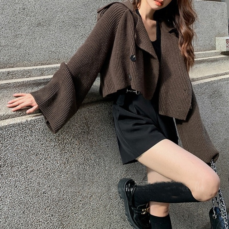 秋季新款设计感别致针织开衫女装复古慵懒风宽松百搭短款针织外套|undefined