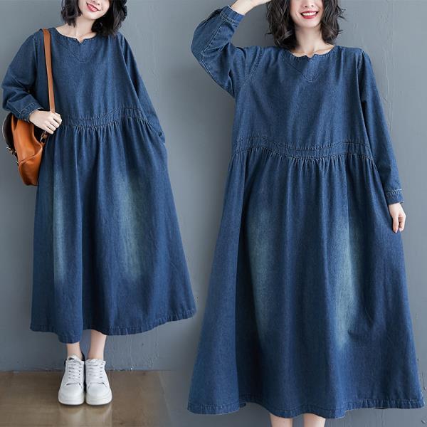 Denim Dress Women's Long-Sleeved 2020 New Fat mm Spring & Fall Korean Style Loose Large Size Cover the Flesh and Slimming Look over the Knee Long Skirt