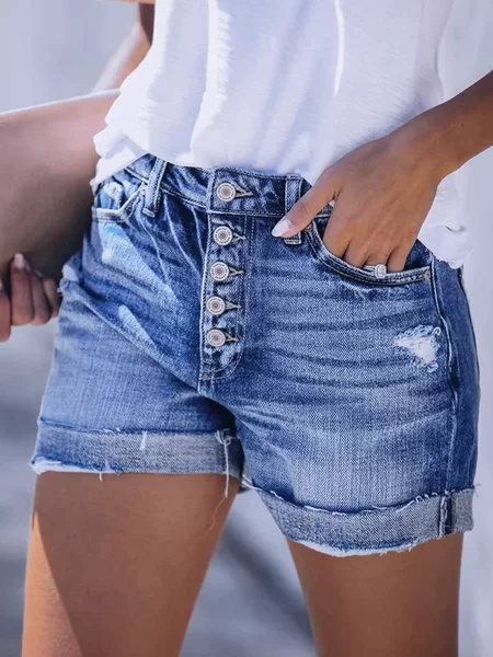 2026 Summer New European and American Style Ripped Women's Denim Shorts with Rolled Hem and Button Closure for Independent Websites and Amazon