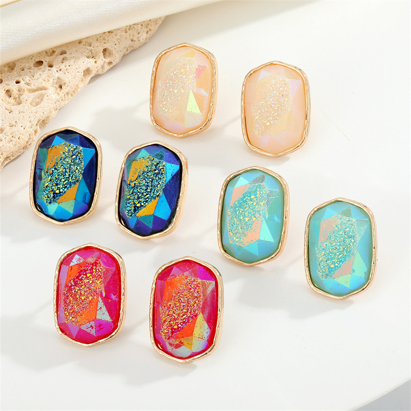 Shuo Europe and America Cross Border Ornament Bohemian Vintage Oval Resin Earrings Irregular Natural Stone Imitated Stud Earringspicture6