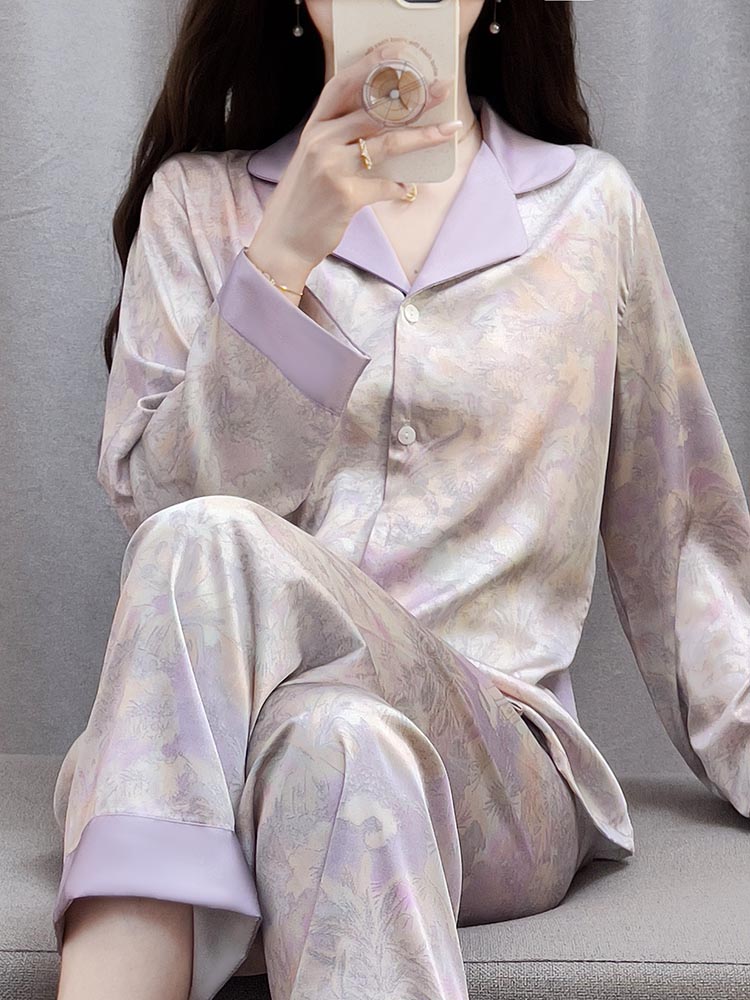 【顺丰包邮】新中式紫色睡衣女士春秋夏季长袖丝绸家居服国风冰丝