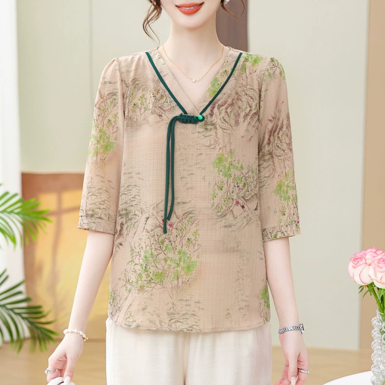 Женский с короткими рукавами летний свободный 2024 новый топ антический цвет чернил v-образный воротник тонкий и удобный модный дикий и нежный