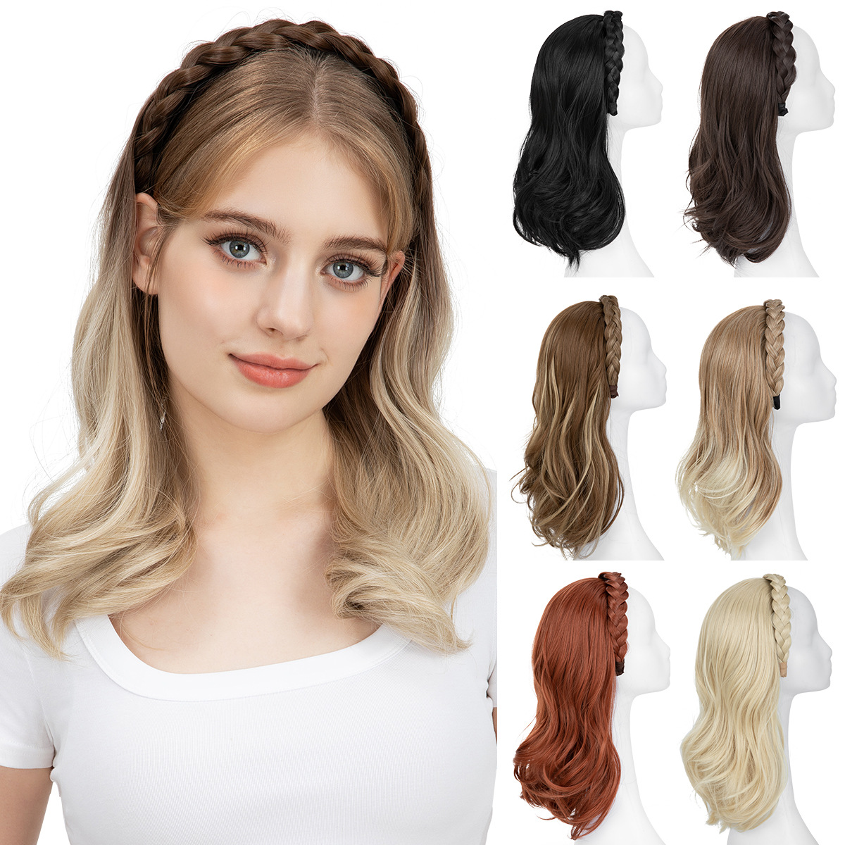 跨境假发发箍一体补发半头套增发显脸小高温丝三股辫长卷发假发女