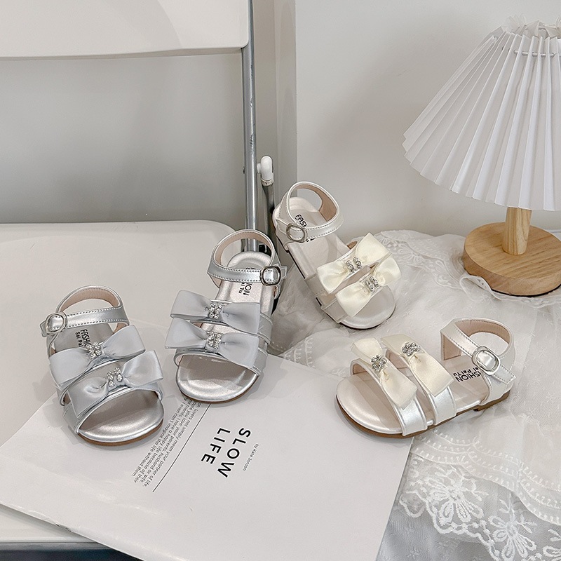 Girls' Rhinestone Bow Gladiator Sandals | Soft Sole | Adjustable Straps For Dressy & Casual Wear Breathable Crossover Strap Design_voghion.com