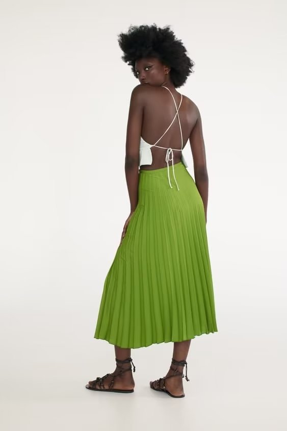 solid color side zipper high waist pleated midi skirt NSAM136082