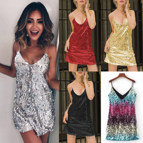 Summer 2025 European Women's Fashion Wish Dress Sleeveless Sexy Short Skirt Glitter V-Neck Straps Skirt