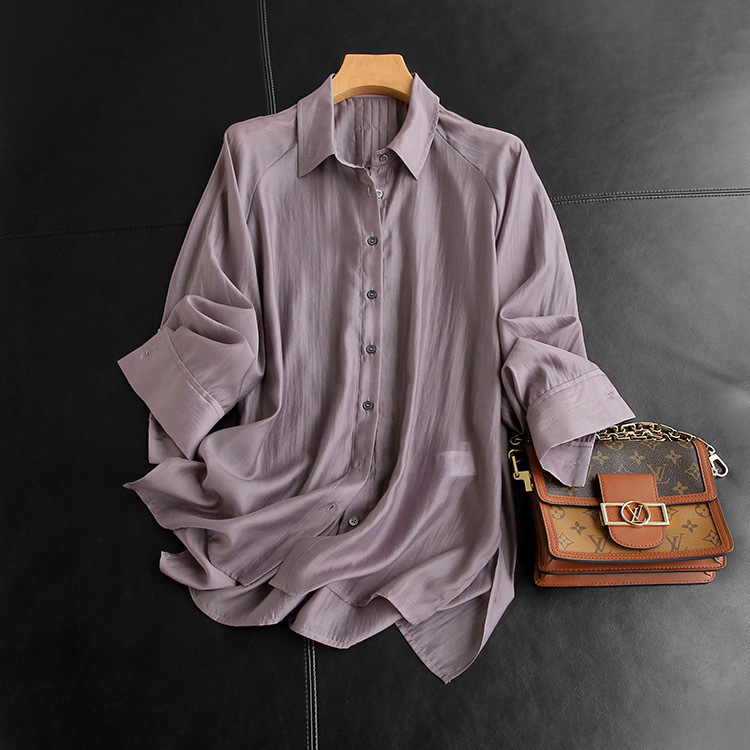 Penny's luxury Tencel blended light elegant back pleated lapel long sleeve loose casual shirt top for women