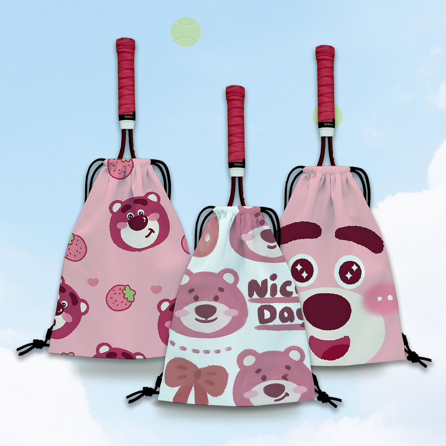 Pink Bear Tennis Bag with Cute Print, Tennis Racket Bag, Portable Drawstring Tennis Racket Storage Bag for Elementary School Students