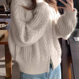 复古麻花双拉链100纯羊毛开衫女秋冬新款高领加厚毛衣宽松针织衫