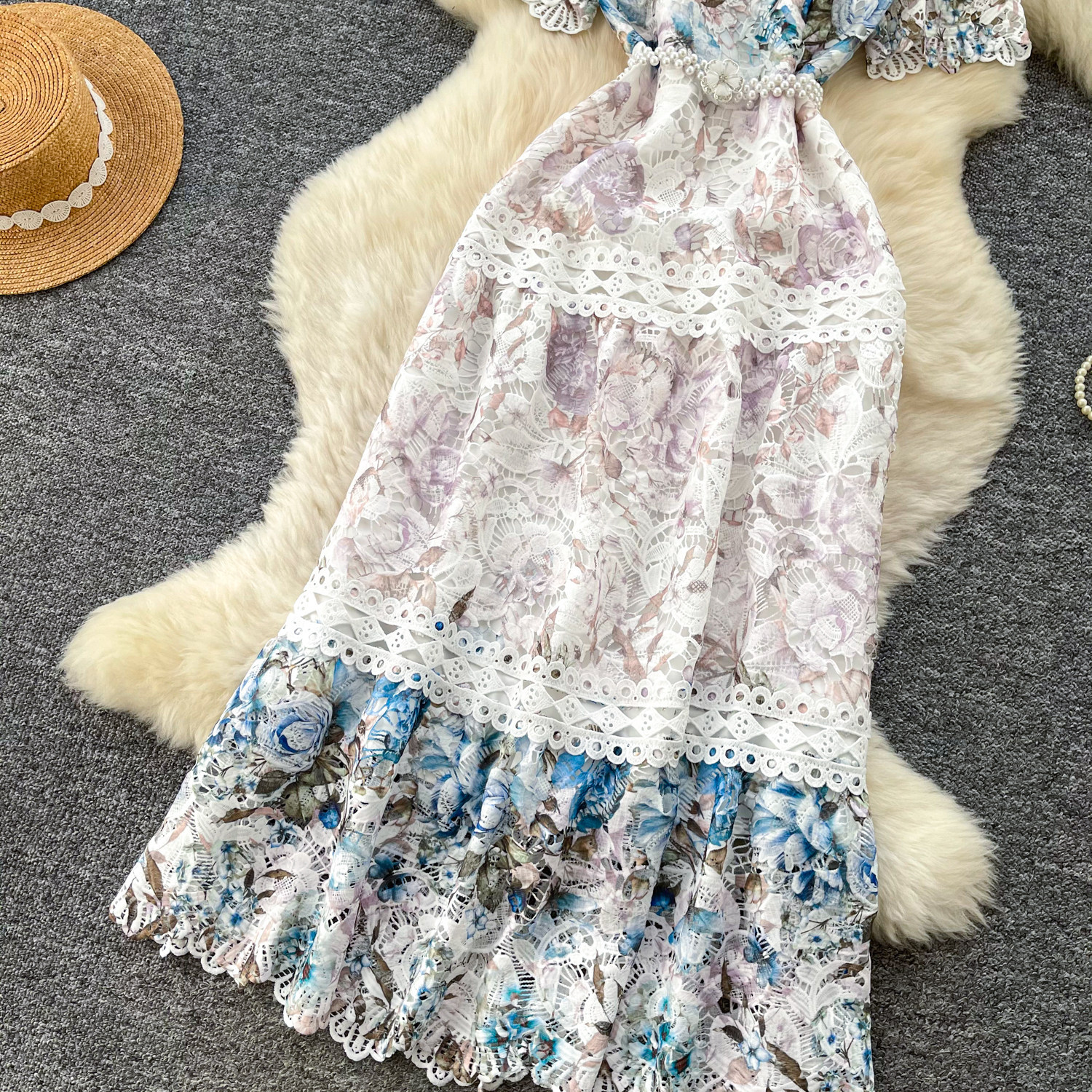 Elegant Retro Women's Dress V-Neck Lace Floral Print Cinched Waist Flared Hem Breathable Lightweight_ecoleips.com