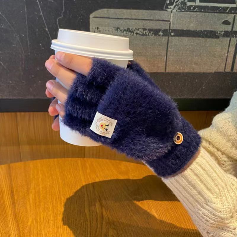 Invierno de las mujeres cálido forrado de lana engrosada estudiante escritura de moda montar lindo punto medio dedo flip guantes de dibujos animados