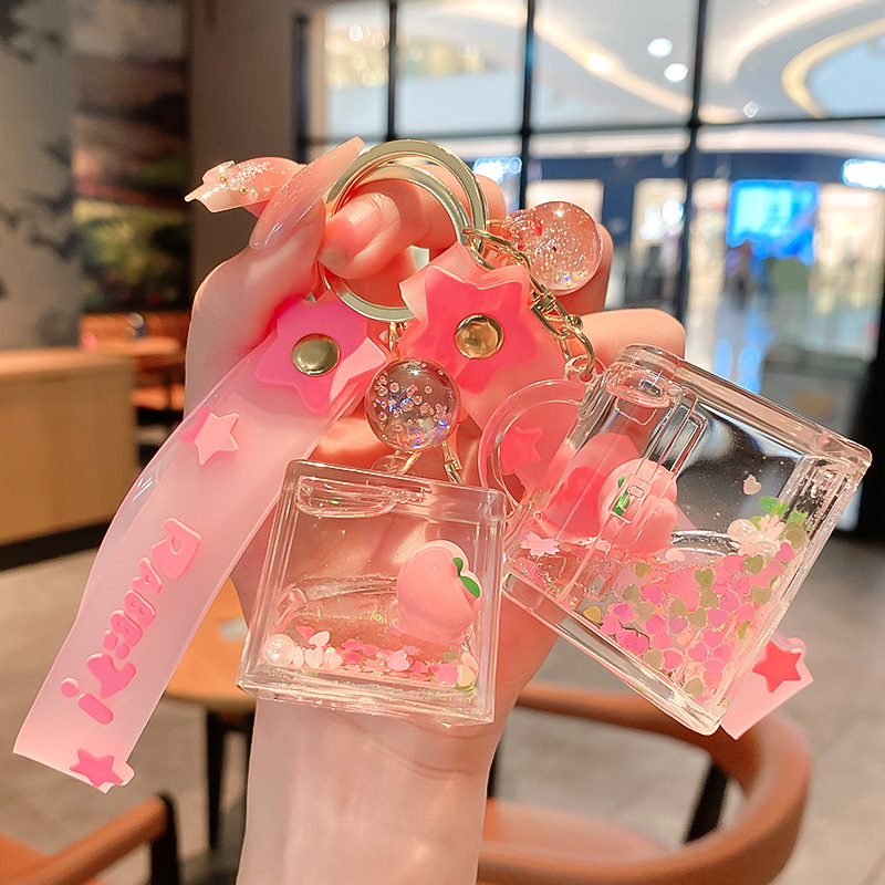 Pink Cute Peach Oil Hanging Acrylic Shing Bottle Keychain Backpack Pendant Doll Ornaments Gift