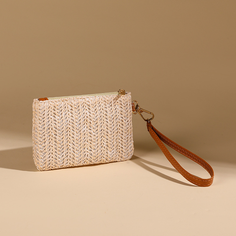 Mini monedero tejido de paja de color sólido transfronterizo, billetera corta de muñeca para mujer, bolso tejido de paja para mujer casual de verano, doble propósito
