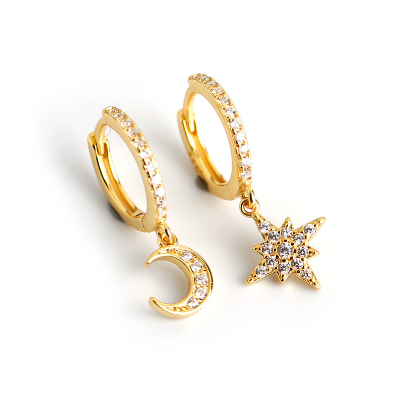 PVD Coated Gold Plating Process 925 Sterling Silver Ear Needle Material 1 Pair Retro Star Moon Flower Copper Drop Earrings