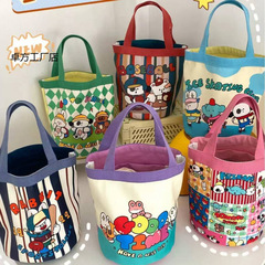 かわいいイラストバケツポータブル韓国風ガールハートママランチバッグ仕事用小さなバッグ子供っぽい落書きキャンバスバッグ