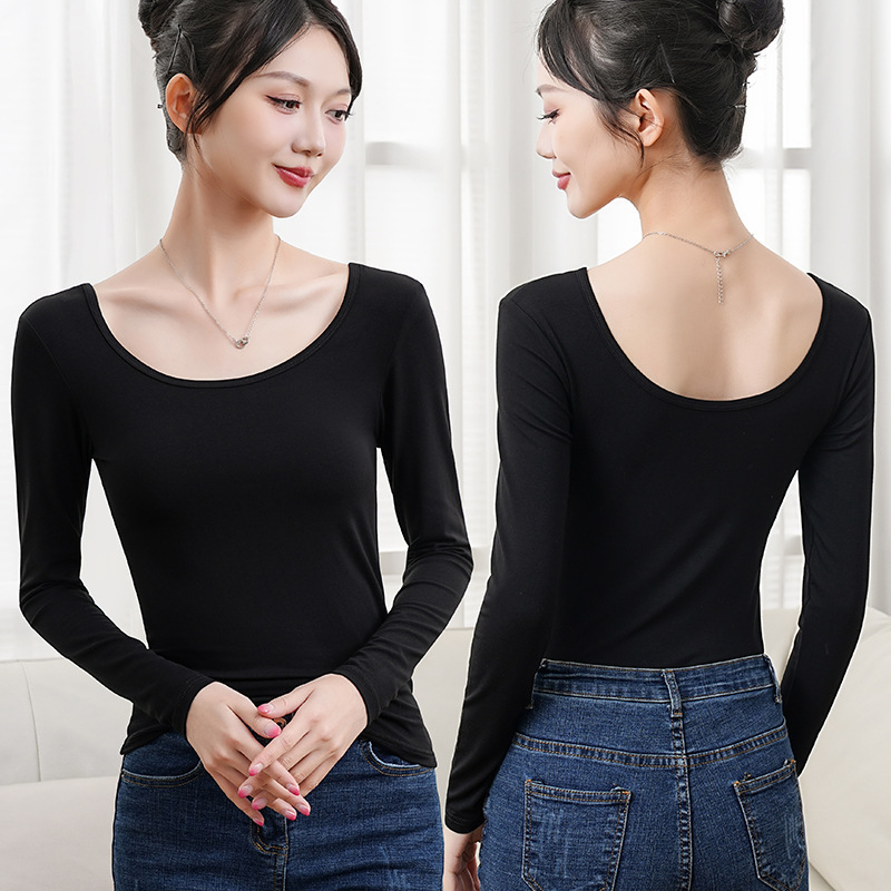 Modal Round Neck Base Layer T-Shirt, Black Double U-Neck Low-Neck Women's Autumn Top, Long-Sleeve Inner Wear, Korean Style Slim Fit Modal Round Neck Base Layer T-Shirt, Black Double U-Neck Low-Neck Women's Autumn Top, Long-Sleeve Inner Wear, Korean Style Slim Fit