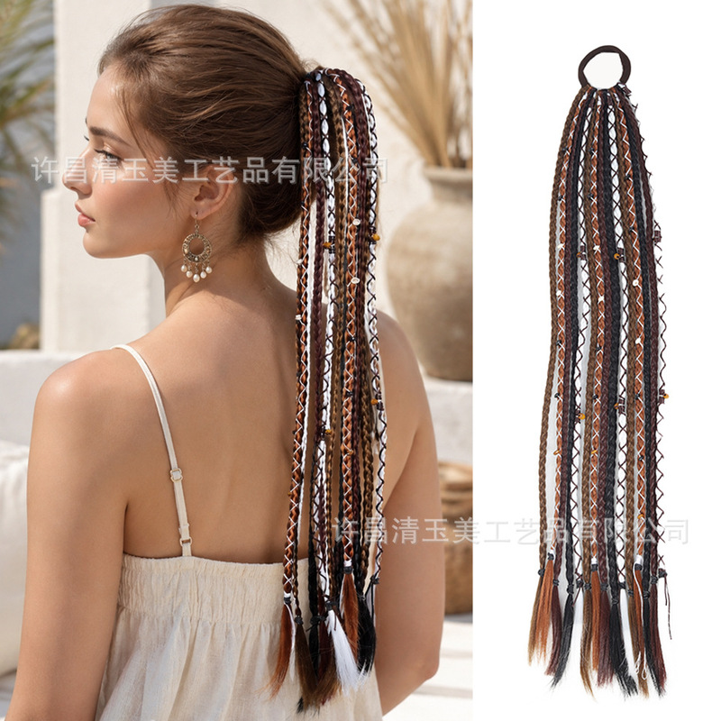 Cross-border synthetic braided hair extensions 24inch Bohemian long braided hair ring synthetic braided hairpiece hair accessory Cross-border synthetic braided hair extensions 24inch Bohemian long braided hair ring synthetic braided hairpiece hair accessory