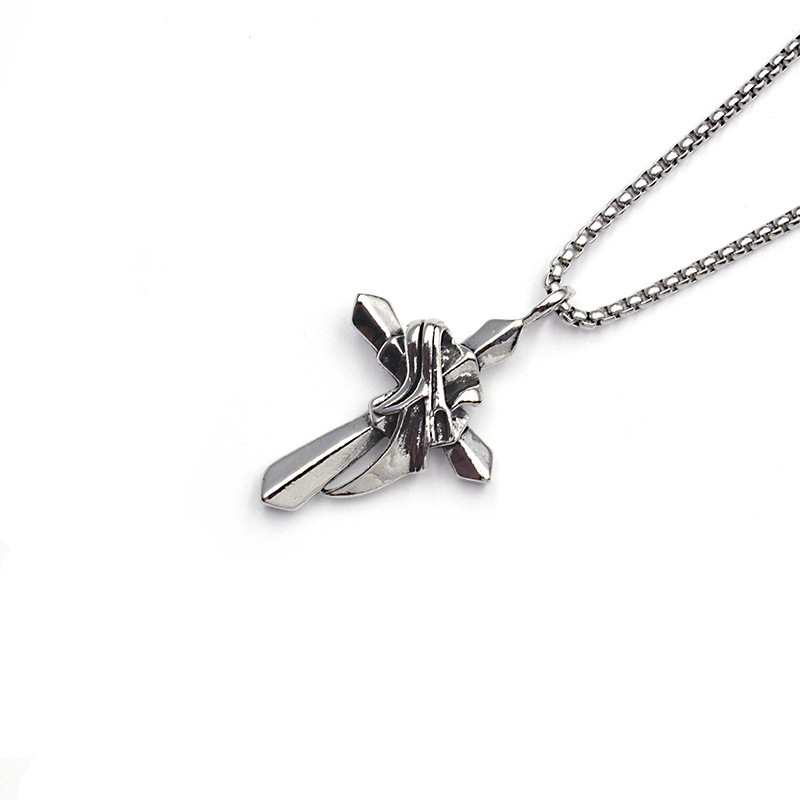 Collana con ali di piume e croce in titanio e perle, catena in acciaio inossidabile, semplificata, tridimensionale, solida_voghion.com