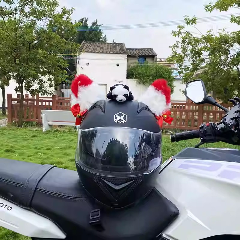 Universal Creative Helmet Motorcycle Plush Stereo Ears Decoration Riding Accessories (Auto Parts and Accessories) - stereo-white-and-red-bow-cat-ears-no-tail-no-panda-no-helmet