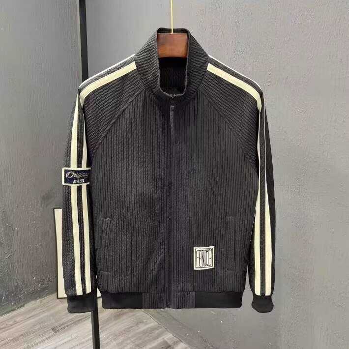 2024 Spring and Autumn New Style Vertical Collar Jacket Men's Korean Style Casual Striped Pleated Men's Top All-Match White Jacket