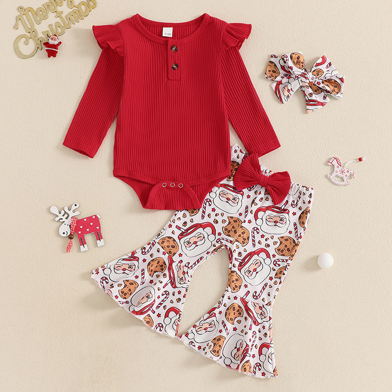 Ind Foreign Trade Christmas New Set for Infant Girls, Ribbed Solid Color Long-Sleeve Romper, Flared Pants, Three-Piece Set