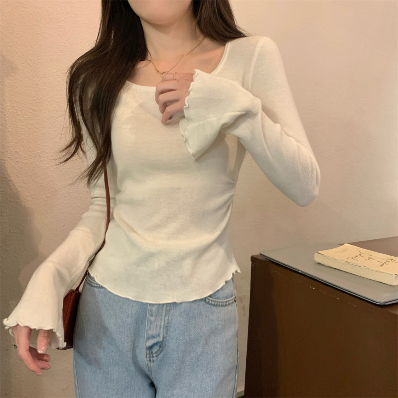 小个子木耳边喇叭袖长袖t恤上衣女秋季新款甜美风方领修身打底衫|undefined
